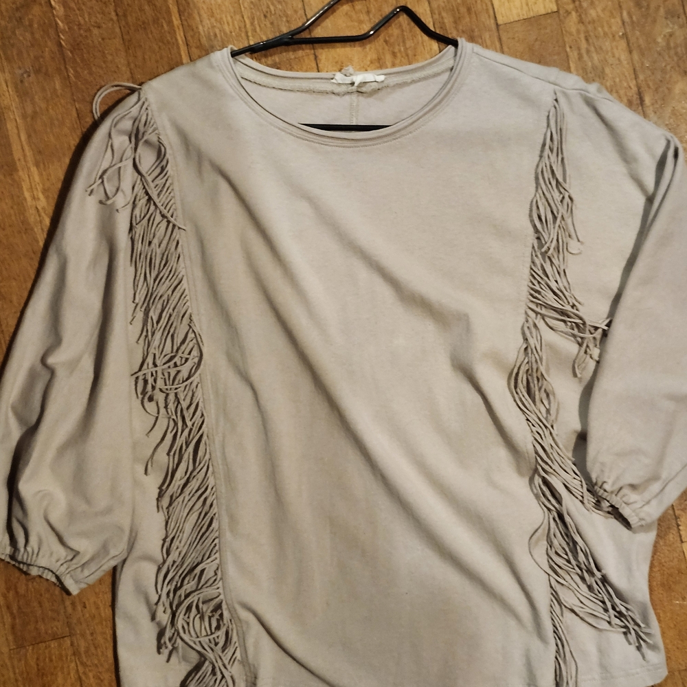 Easel Beige Fringe Top